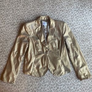 Armani Collezioni Rare Leather Gold Metallic Satin-Lined Blazer Jacket, size 10